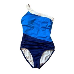 Bal Harbor One Shoulder Swimsuit Women’s 8 One Piece Colorblock Navy Blue White